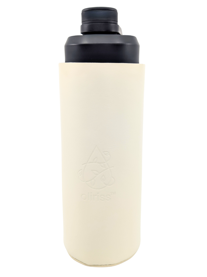 Oliriss leather stainless steel water bottle white hand made black lid