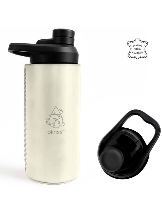 Oliriss 18oz white leather stainless steel water bottle