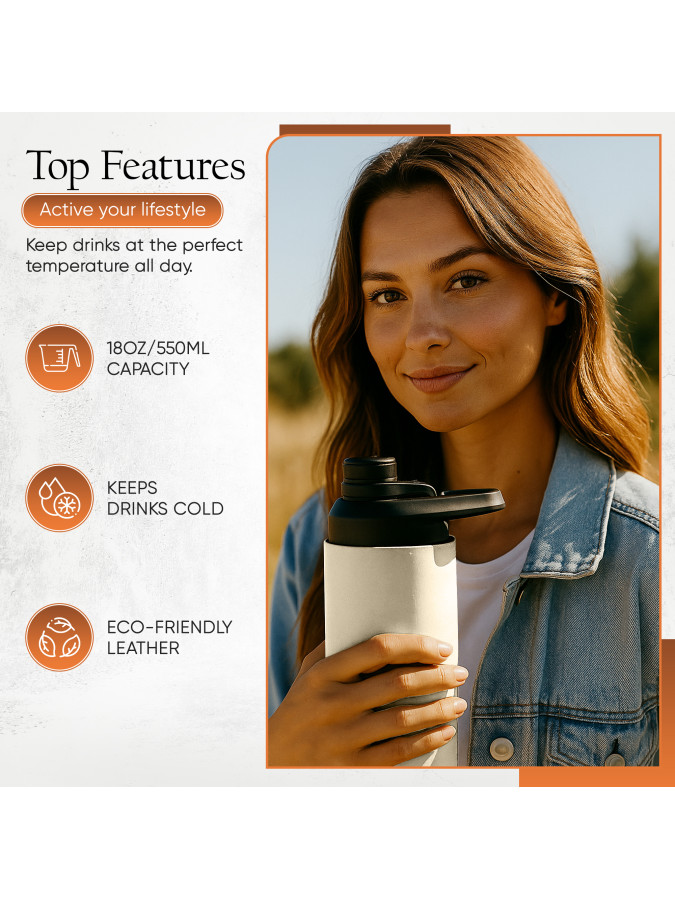 Oliriss 18oz white leather stainless steel water bottle