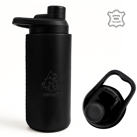 Oliriss 18oz black leather stainless steel water bottle