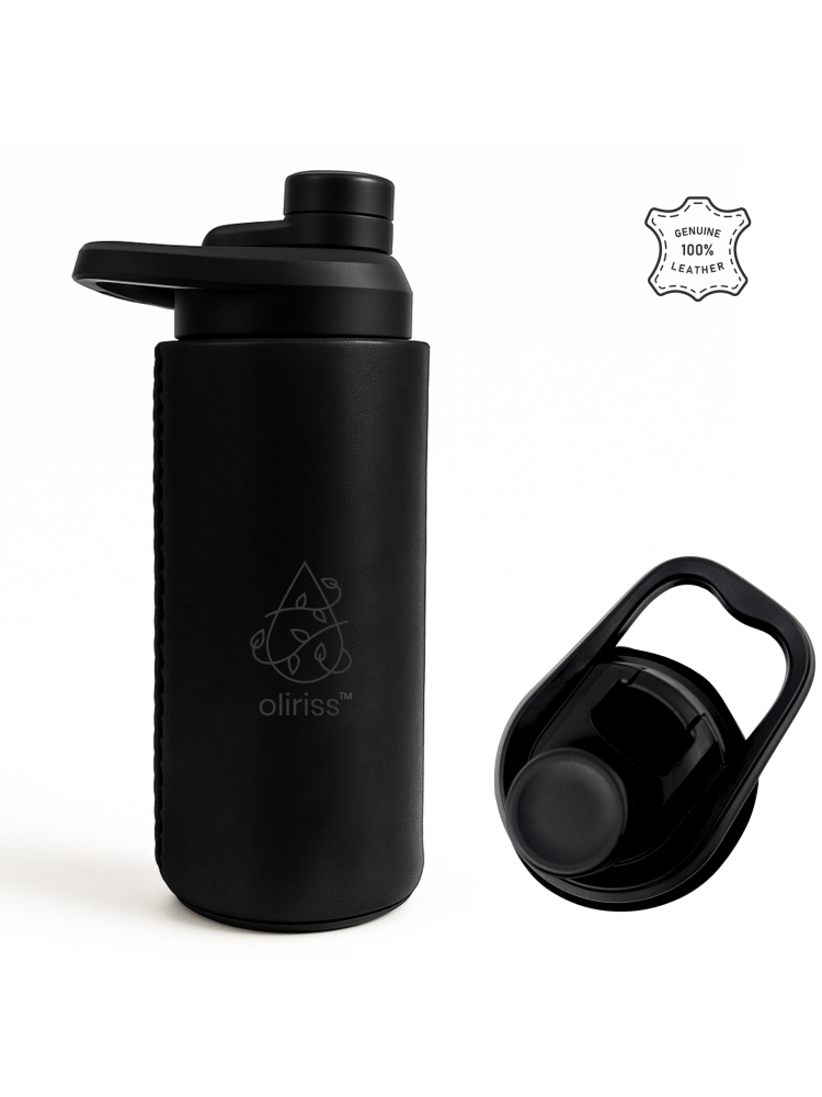 Oliriss 18oz black leather stainless steel water bottle